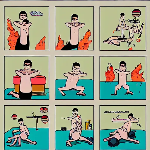 Prompt: exercises of relaxation for the end of the world, in the style of joan cornella, comic, drawing, absurd, higly detailed