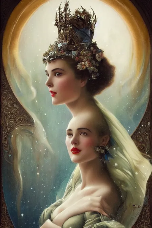 Image similar to a young and extremely beautiful grace kelly infected by night by tom bagshaw in the style of a modern gaston bussiere, art nouveau, art deco, surrealism. extremely lush detail. melancholic scene infected by night. perfect composition and lighting. sharp focus. profoundly surreal. high - contrast lush surrealistic photorealism. sultry, infectious smile.