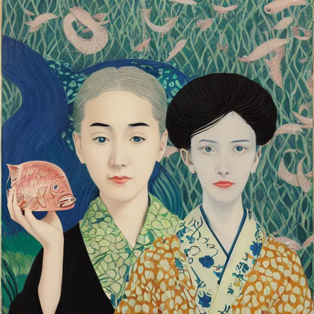 Image similar to tall emo female artist holding small portraits and fish on a train, wearing a kimono, on yamanote line in japan, tokyo station, summer, sweat, ice coffee, pigs, octopus, acrylic on canvas, surrealist, by magritte and monet