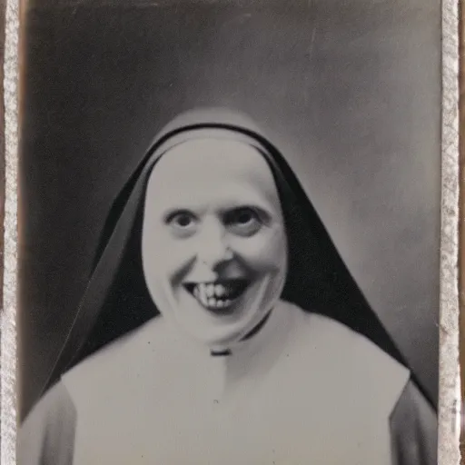 Image similar to antique photograph of an evil catholic nun, crazy eyes wide open, horror, staring at the camera, evil smile, sharp teeth, headshot, dark background, low exposure