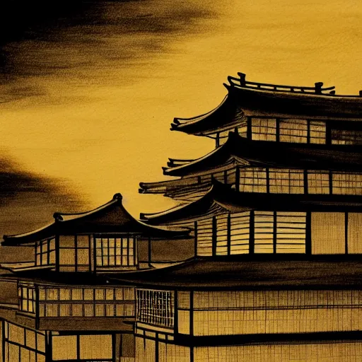 Image similar to a beautiful ink painting of buildings in japanese traditional style, in the style of hiroshi yoshida, at night, light effect, detailed, high - definition, exquisite isolated very detailed, moody lighting, 8 k highly detailed, trending on artstation