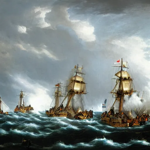 Image similar to trafalgar naval battle, stormy weather