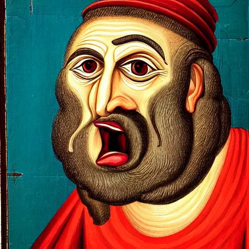 Image similar to portrait of ancient silly greek man with big eyes and sharp nose and open mouth. fine detail. artistic painting by lurid