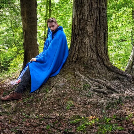 Prompt: lizard human nomad resting against a tree wearing a medieval cloak, photograph captured in the woods