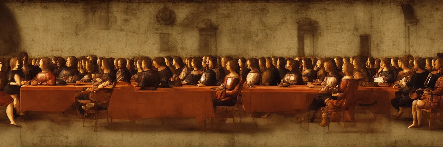 Image similar to a beautiful Leonardo Vavinci illustration of a table where smart people sit and listen to a TED lecture