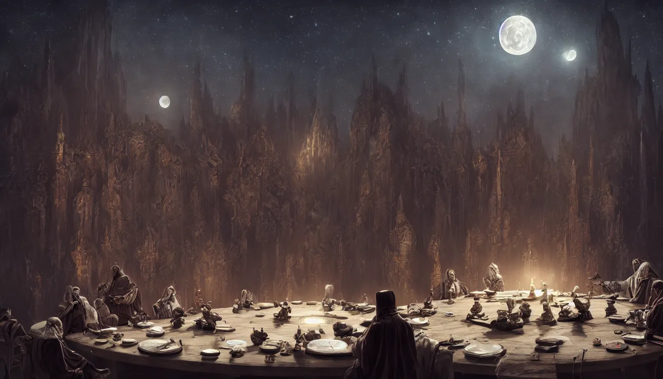 Image similar to A meeting of the council of elders, robed figures sat around a table, beautiful architecture, night time, stars visible, beautiful moon light, concept art, fantasy art, digital art by michal karcz, trending on artstation, highly detailed, 8k