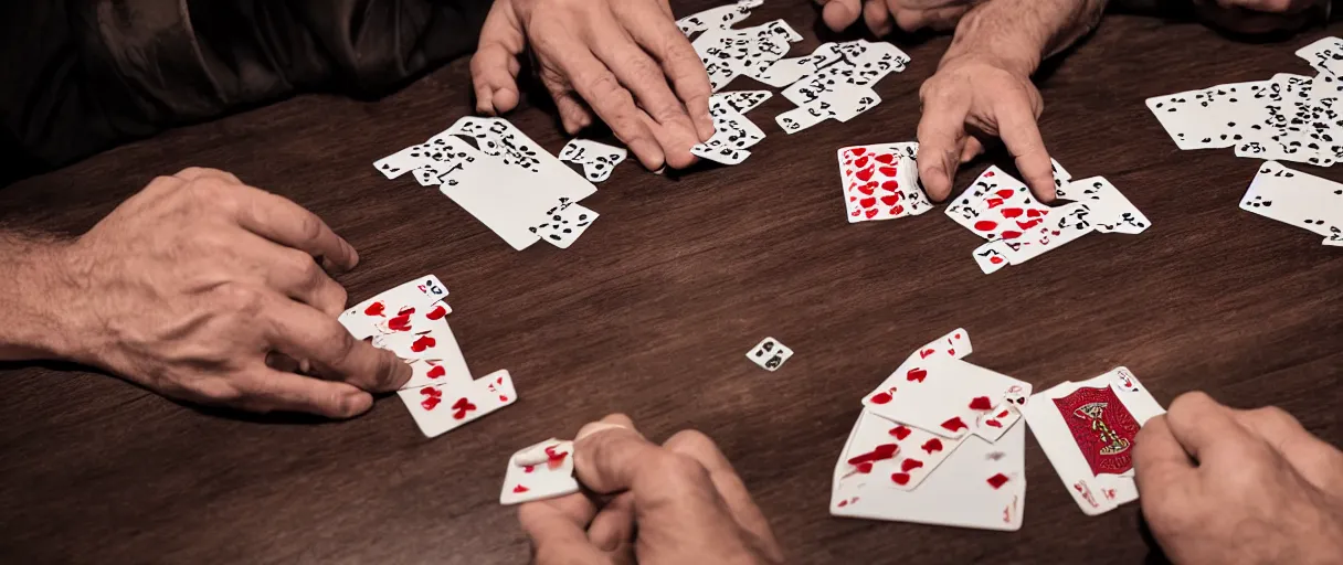 Prompt: a high quality color extreme creepy atmospheric wide dutch angle hd 4 k film 3 5 mm photograph of closeup of hands of caucasian men playing cards on a table with a full ashtray & cigarette smoke