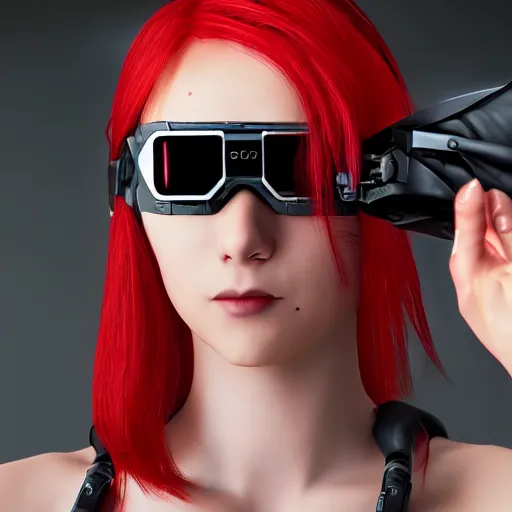 Image similar to red haired female, cyberpunk, wearing futuristic goggle, cyborg ; photorealistic, hyper real, 8 k, high details