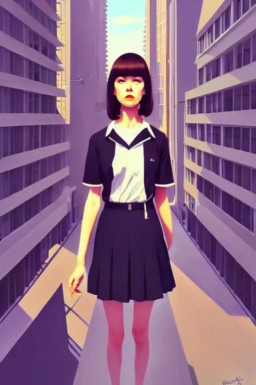 Image similar to a cute giantess wearing school uniform standing in the city which seem small, bird's eye view, strong brush stroke, sharp focus, illustration, morandi color scheme, art station, by ilya kuvshinov