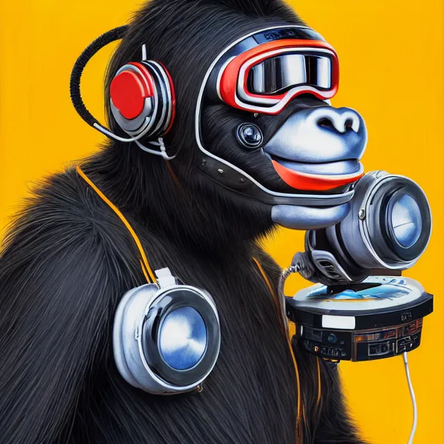 Prompt: a portrait of an anthropomorphic cyberpunk chimp in a racing helmet by sandra chevrier, detailed render, tape deck, boombox, headphones, epic composition, cybernetics, 4 k realistic, cryengine, realistic shaded lighting, sharp focus, masterpiece, by matteo scalera, gary montalbano, peter elson in the style of the tokyo ghost comic