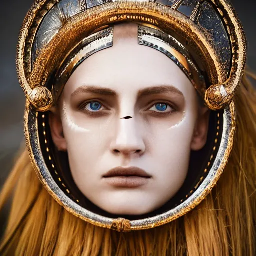 Prompt: minimalist photography portrait of an elaborately adorned female germanic warrior, face scars, symmetrical, super close up, mid thirties, cute round slanted eyes, sunburnt skin, wide nostrils, high cheekbones, high flat eyebrows, ethereal essence, angelic, leica 1 0 0 mm f 0. 8