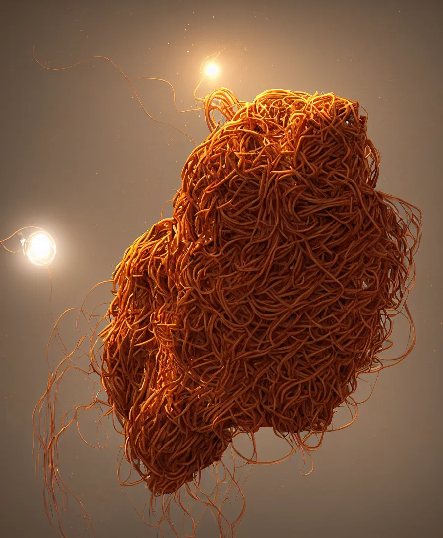 Image similar to spaghetti monster coming out of the pot, cinematic lighting, 8k, artstation