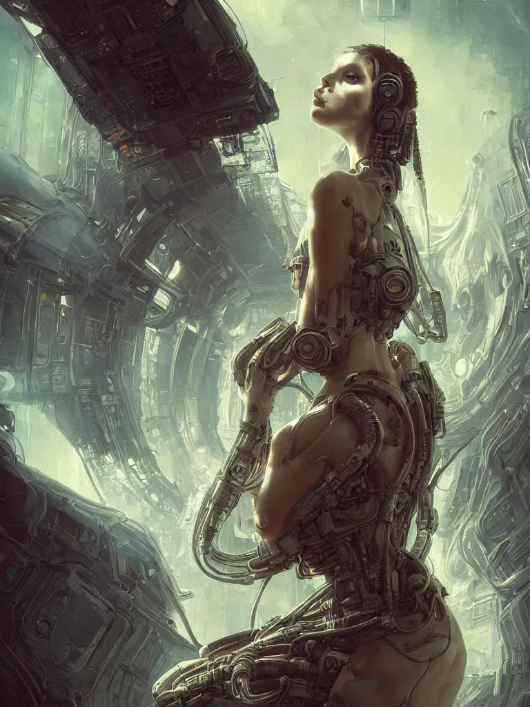 Image similar to a hyperrealistic cyberpunk portrait of a gorgeous woman in the movie Alien, in a derelict spaceship and fractal sunlight, award-winning, masterpiece, in the style of Tom Bagshaw, Cedric Peyravernay, Peter Mohrbacher