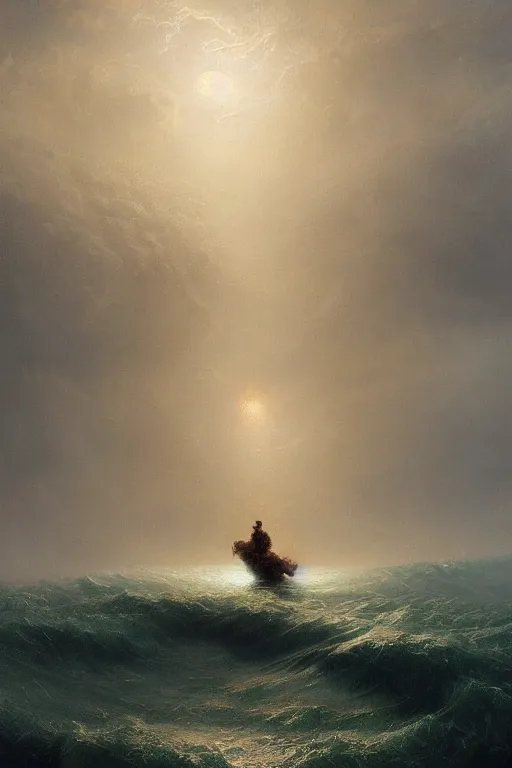 Image similar to Intricate stunning highly detailed water deity emerging from a stormy ocean by Ivan Aivazovsky, agostino arrivabene, Greg Rutkowski , surreal, digital painting, ultra realistic, beautiful lighting, full moon, thick swirling tornado, artstation