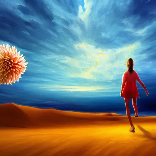 Image similar to closeup, giant dahlia flower as a head, a girl walking between dunes, surreal photography, sunrise, blue sky, dramatic light, impressionist painting, digital painting, artstation, simon stalenhag