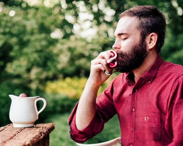 Image similar to mr robert is drinking fresh tea, smoke pot and meditate in a garden from spiral mug, detailed smiled face, short beard, golden hour closeup photo, red elegant shirt