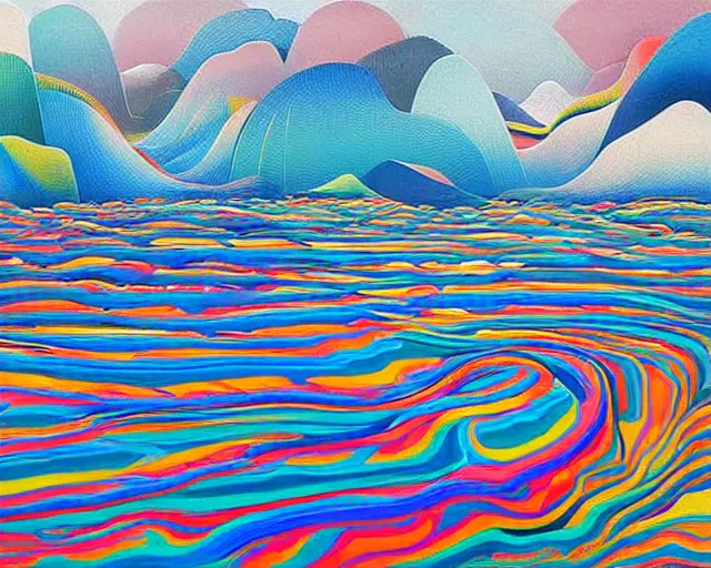 Image similar to A wild, insane, modernist landscape painting. Wild energy patterns rippling in all directions. Curves, organic, zig-zags. Saturated color. Mountains. Clouds. Rushing water. Waves. Psychedelic dream world. Wayne Thiebaud. Lisa Yuskavage landscape.