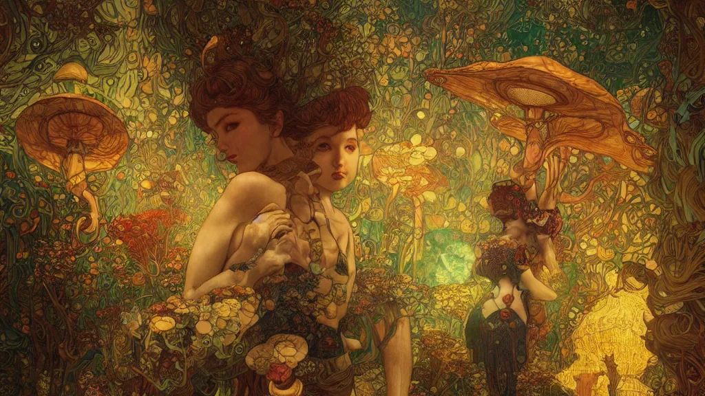 Image similar to vintage magic mushroom illustration, 4k post-processing highly detailed by wlop, Junji Murakami, Mucha Klimt, Sharandula, Hiroshi Yoshida, Artgerm, Craig Mullins,dramatic, moody cinematic lighting