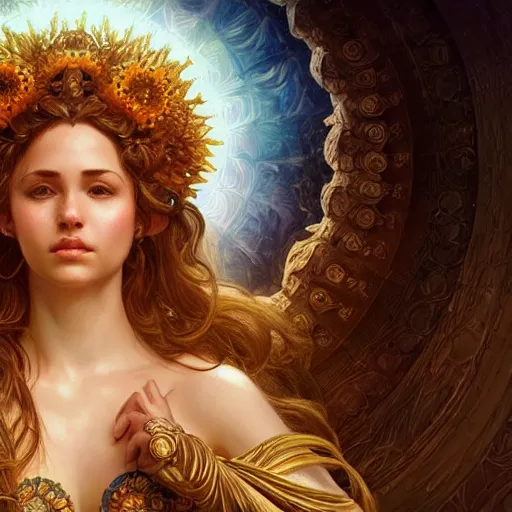 Image similar to portrait of the goddess of the sun, D&D, fantasy, intricate, elegant, highly detailed, digital painting, artstation, smooth, sharp focus, illustration, art by artgerm and greg rutkowski and alphonse mucha