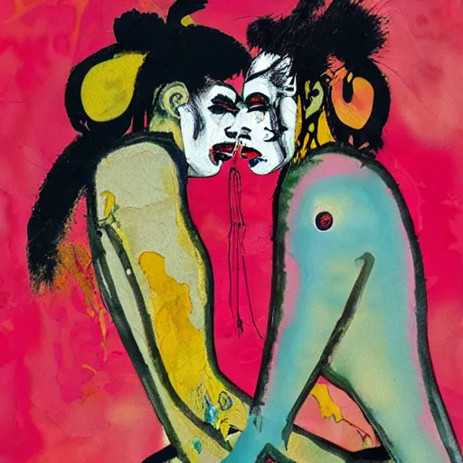 Prompt: watercolor painting of two bizarre psychedelic goth women kissing each other closeup in a cafe in japan, speculative evolution, mixed media collage by basquiat and jackson pollock, magazine collage art, sapphic art, lesbian art, chemically damaged