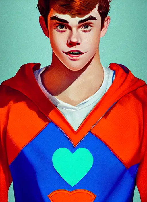 Image similar to friendly teenage archie andrews wearing an orange superhero costume with heart logo, heart, freckles, blue cape, heart emblem on chest, blue cape, intricate, elegant, glowing lights, highly detailed, digital painting, artstation, sharp focus, illustration, art by wlop, mars ravelo and greg rutkowski