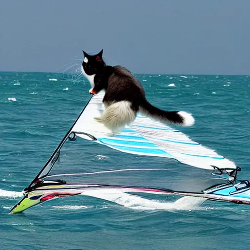 Image similar to A ragdoll cat windsurfing, cool, impressive, skilled