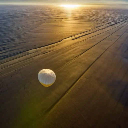 Prompt: a beautiful 8 k photo of a hot air balloon flying across the english coast in early winter, highly detailed photo