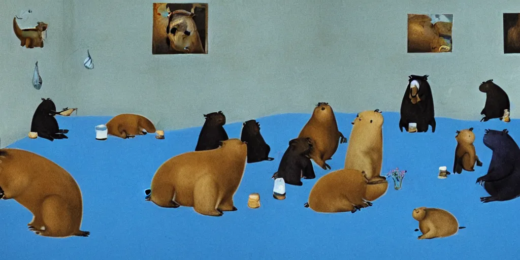 Prompt: film still of capybaras screaming!!!! sitting at a round table and finger painting in a blue room with pictures on the wall directed by david lynch, vibrant colours, backlighting