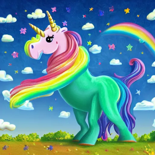 Prompt: a unicorn dinosaur that spews rainbow whipped cream