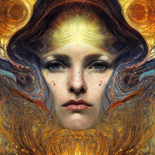 Image similar to Divine Chaos Engine portrait by Karol Bak, Jean Deville, Gustav Klimt, and Vincent Van Gogh, celestial, visionary, sacred, fractal structures, ornate realistic gilded medieval icon, spirals, mystical