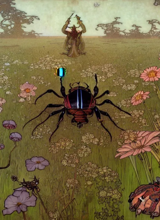 Prompt: a giant beetle in a field of swamp with flowers, by mucha and hiroshi yoshida and brian froud, detailed, creepy, dark, detailed, realistic, 8 k, textured, horror