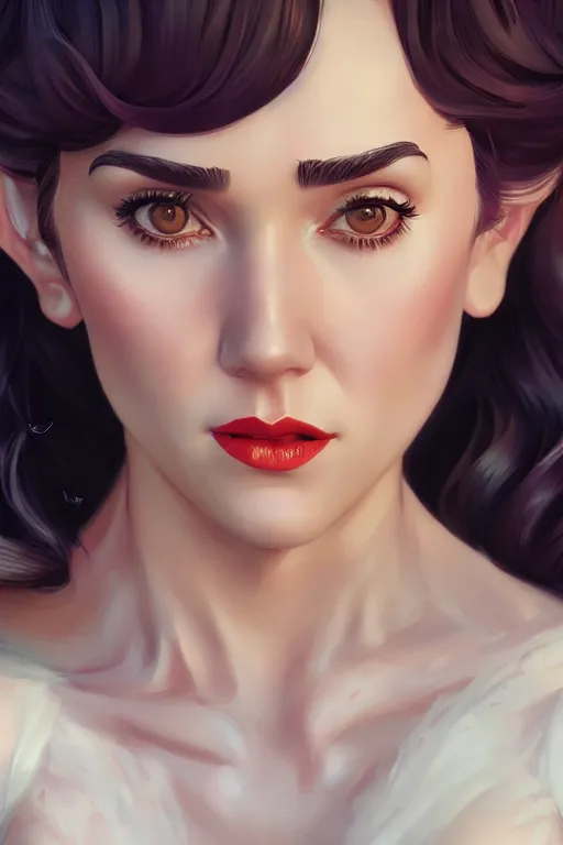 Image similar to a pin up and beautiful fashion charming dreamlke jennifer connelly, character art, art by artgerm lau and wlop and and ilya kuvshinov and john singer sargent, hyperdetailed, 8 k realistic, symmetrical, frostbite 3 engine, cryengine, dof, trending on artstation, digital art