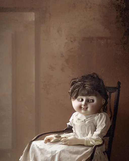 Image similar to portrait of a creepy smiling antique porcelain doll with white eyes wearing a dirty dress with long wet black hair sitting in a rocking chair next to a child’s bed in a dimly lit filthy room in an abandoned old asylum at night, 8k octane render, cinematic, dramatic lighting, volumetric lighting, Craig Mullins, vintage photo, 1890