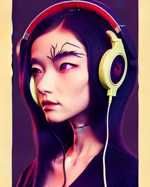 Image similar to richly detailed color illustration of a demon-listening-to-headphones illustrated by Artgerm and Mina Petrovic and Timothy Kong and Marina Federovna. 3D shadowing