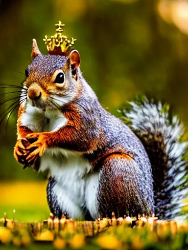 Image similar to a squirrel as king arthur, extremely plump, wearing crown of acorns and dandelions, servant squirrels, king arthur's court, game of thrones, sitting on throne, low angle, palace, fantasy art, cinematic lighting, realistic, sony 2 4 mm f 4. 0