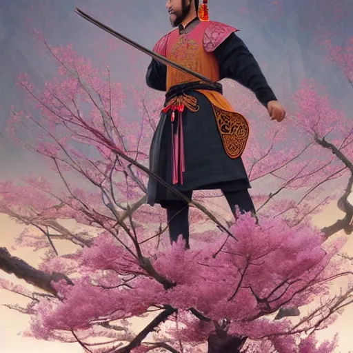 Image similar to ancient chinese samurai standing on a pink blossom tree, beautiful chinese landscape in background, 8 k, octane render, ultra detailed, art by artgerm and greg rutkowski and alphonse mucha, artstation