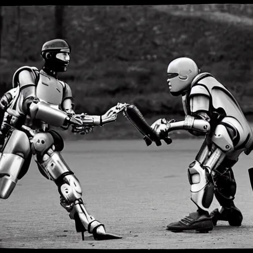 Image similar to award winning photograph of peter weller as robocop, yelling at little league game