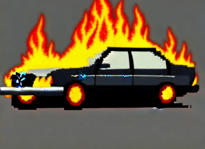 Image similar to burning wrecked mercedes 1 2 4, pixelart by kirokaze, award winning. dramatic. trending on artstation. very low quality, low resolution sync by honeybunny