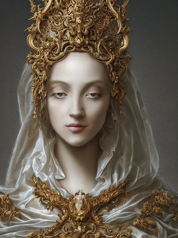 Image similar to a beautiful render of rococo catholic veiled queen with symmetry intricate detailed,by Nekro and aaron horkey and peter gric and Cedric Peyravernay and Billelis,Trending on artstation,ZBrush,masterpiece,maximalist,glittering,gold,silver，ivory,hyperreal