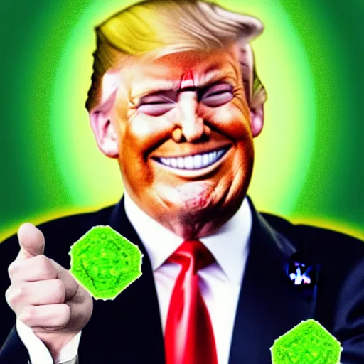 Prompt: trump smiling whilst holding a bunch of green chaos emeralds, highly detailed, realistic, beautiful composition, sharp focus, artstation, sharp focus