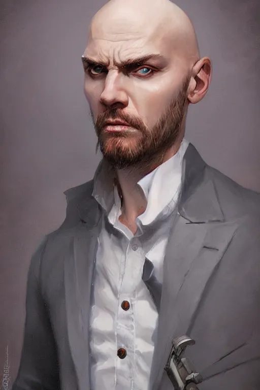 Prompt: Bald man, angry, bright blue eyes, white suit, holding a sniper rifle, full shot, elegant, highly detailed, centered, oil painting, artstation, concept art by tom bagshaw