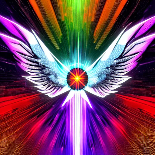 Prompt: multicolored open wings, a big yellow star below, an open eye in its center, space in the background, cyberpunk, details visible, digital art