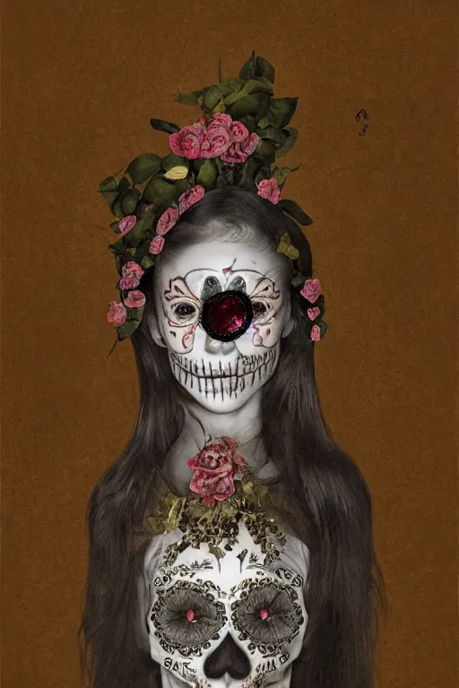 Prompt: Illustration of a sugar skull day of the dead girl, art by zhang kechun