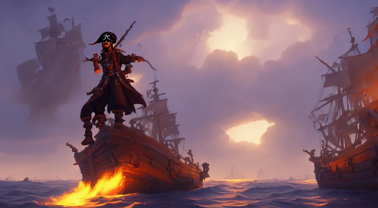 Image similar to a wide shot of a stylized 3D CGI game art pirate standing on the front of the ghost ship with the black Jolly Roger flag, the ghost ship is in the middle of the ocean, volumetric lighting, fantasy art overwatch and heartstone, by RHADS, cgsociety, matte painting, artstation hq, octane render, 8k,
