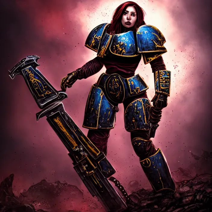 Prompt: photo of a very beautiful!! woman space marine, brandishing chain sword, grimmacing, knee deep in destroyed tyrranid, highly detailed, 4 k, hdr, smooth, sharp focus, high resolution, comic! book!, award - winning photo