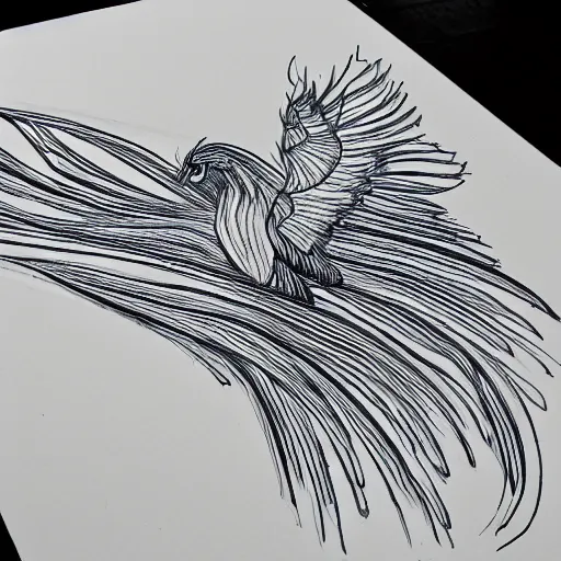 Image similar to single line drawing of a phoenix, blue ink pen