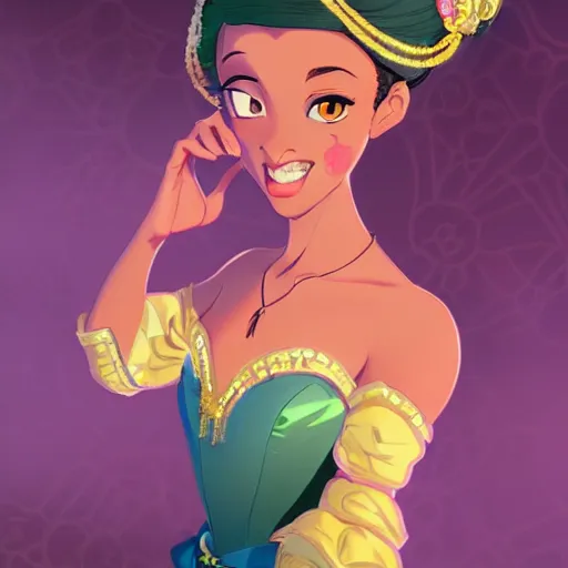 Image similar to portrait of princess tiana, 1920's new orleans background, rich vivid colors, ambient lighting, dynamic lighting, 4k, official media, anime key visual, makoto shinkai, ilya kuvshinov, lois van baarle, rossdraws, detailed, trending on artstation