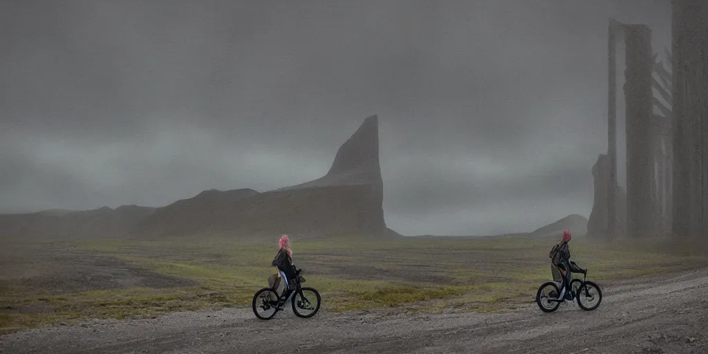 Prompt: A digital painting by Simon Stålenhag of a woman in north face clothes on a touring bike on a gravel road of Iceland. The bike has vaude saddlebags mounted on the rack of the bike. Around the road there are monumental old ruins tower of a dark misty forest,overcast, sci-fi