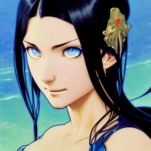 Image similar to highly detailed vfx portrait of nico robin by eiichiro oda!, makoto shinkai, alphonse mucha, masterpriece, art by artgerm and greg rutkowski!, blue eyes!!, large aquiline nose!!, gaston bussiere, stanley kubrick, kaoru mori, intricately detailed, behance, 4 k, hdr