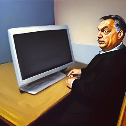 Prompt: viktor orban programming in a cubicle, oil painting